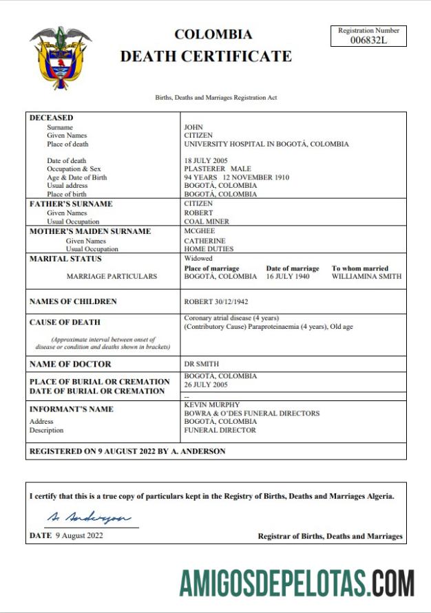 Para baixar modelo Word e PDF de certidão de óbito da Colômbia